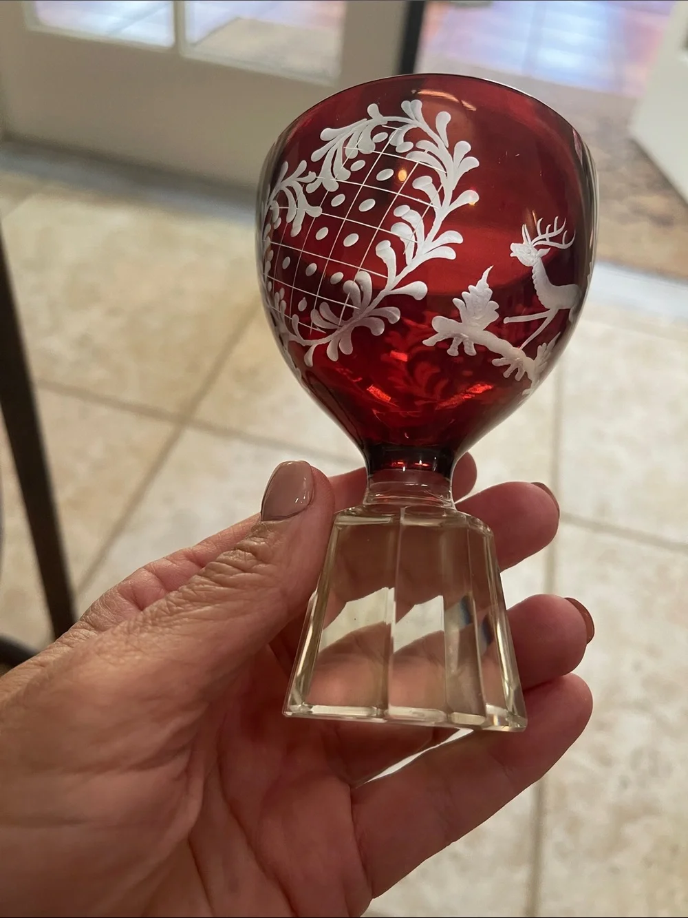 Egermann Ruby Red Etched Glass Decanter and Goblet Set